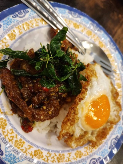 ข้าวกะเพรากรอบเป็ดตุ๋นยาจีน