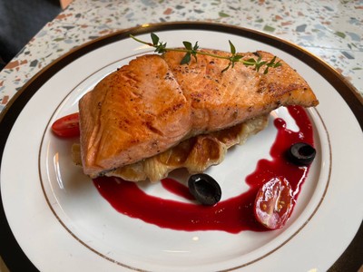 Salmon n Croffle Raspberry Sauce