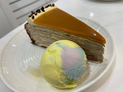 Salted Caramel Mille Crepe with rainbow milk ice cream