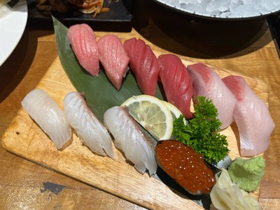 Hon Maguro Otoro Sushi • Hon Maguro Akami Sushi •Hamachi Sushi • Madai Sushi •Hirame Sushi • Ikura Sushi