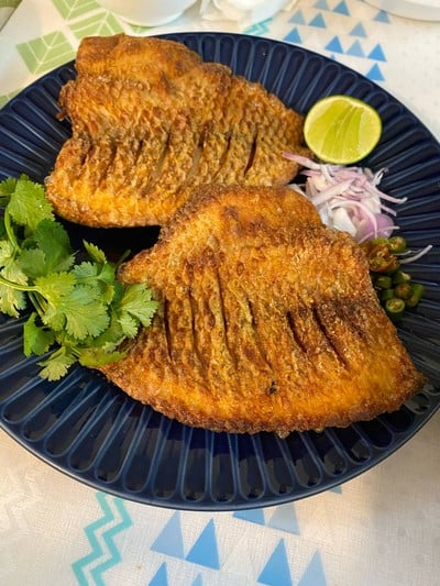 ปลาทับทิมดรายเอจ150gทอดซอสน้ำปลา 1ชิ้น