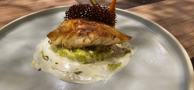 Pan-fried black cod fillet served with leek, lemon cream sauce