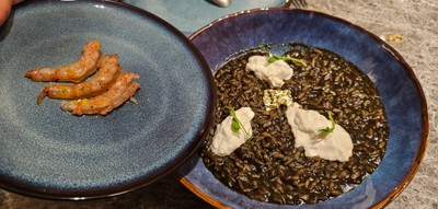 Risotto with black squid ink, Spanish Carabineros prawn
