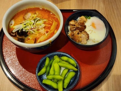 Hot Spring Egg Char Siu Rice Bowl & Small Kara-Miso Ramen & Edamame