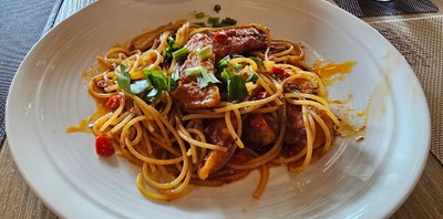 สปาเก็ตตี้ต้มยำเนื้อปลากะพง