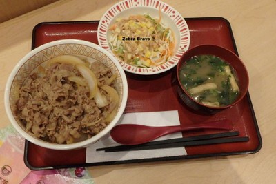 ข้าวหน้าเนื้อและซุปมิโสะ & สลัด