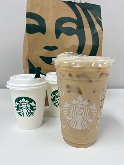 Snoopy Chocolate & Caramel Oat milk latte