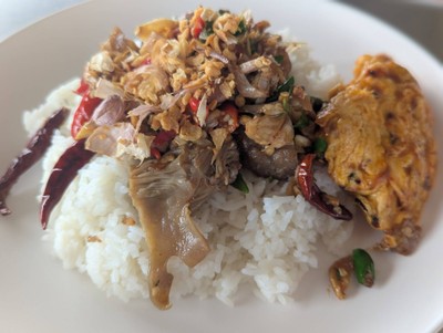 ข้าวราดหมูตุ๋นคั่วพริกเกลือ+โบ๋