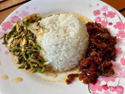 ข้าวราดแกงคั่วหอยขมกับเนื้อปลาช่อนกรอบผัดพริก