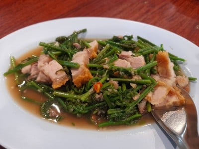 ผัดผักกูดหมูกรอบ