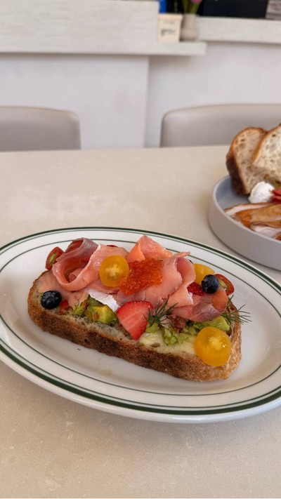 Smoked salmon and guacamole on sourdough