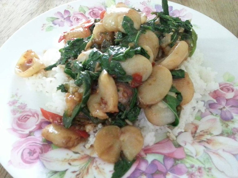 เอ็นหอยผัดกระเพราราดข้าว