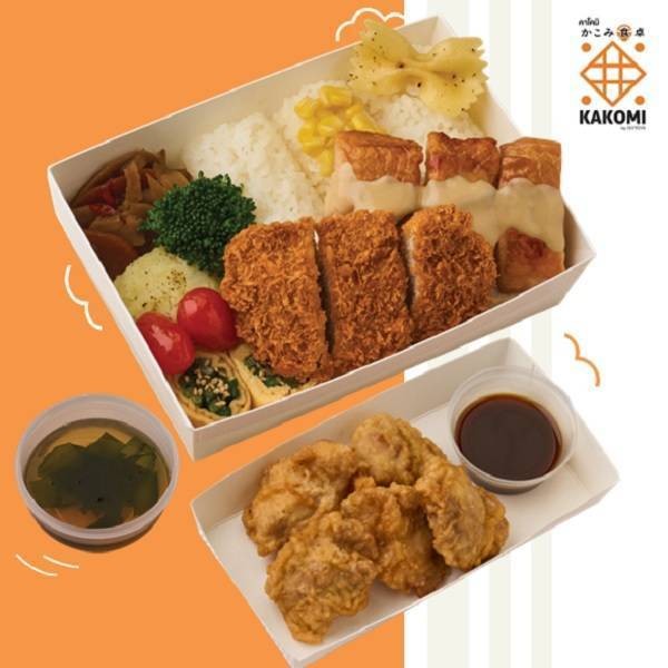 ไก่ย่างถ่านซอสครีมมิโซะและหมูชุปเกล็ดขนมปังทอด + ไก่ทอดคาราเกะ (5ชิ้น) + ซุปวากา