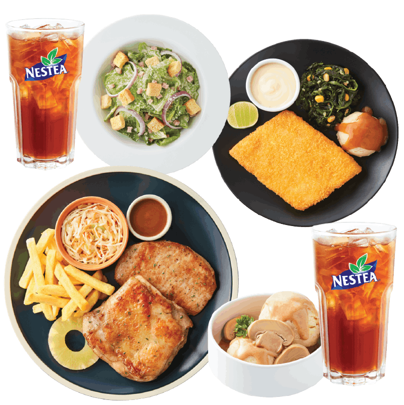 สเต๊กไก่และสเต๊กหมูสันนอก + สเต๊กปลาทอด ผักโขม + มันบดซอสเห็ด + ซีซาร์สลัดแฮม + 