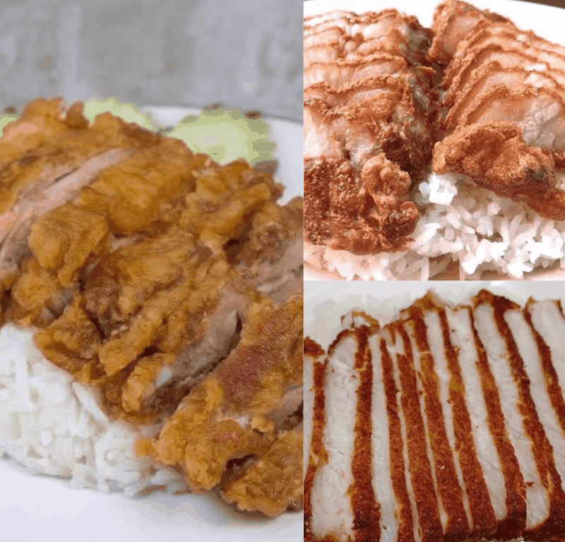 ข้าวหมูทอดติดมัน+ข้าวหมูทอดเนื้อล้วน+ข้าวไก่ทอด